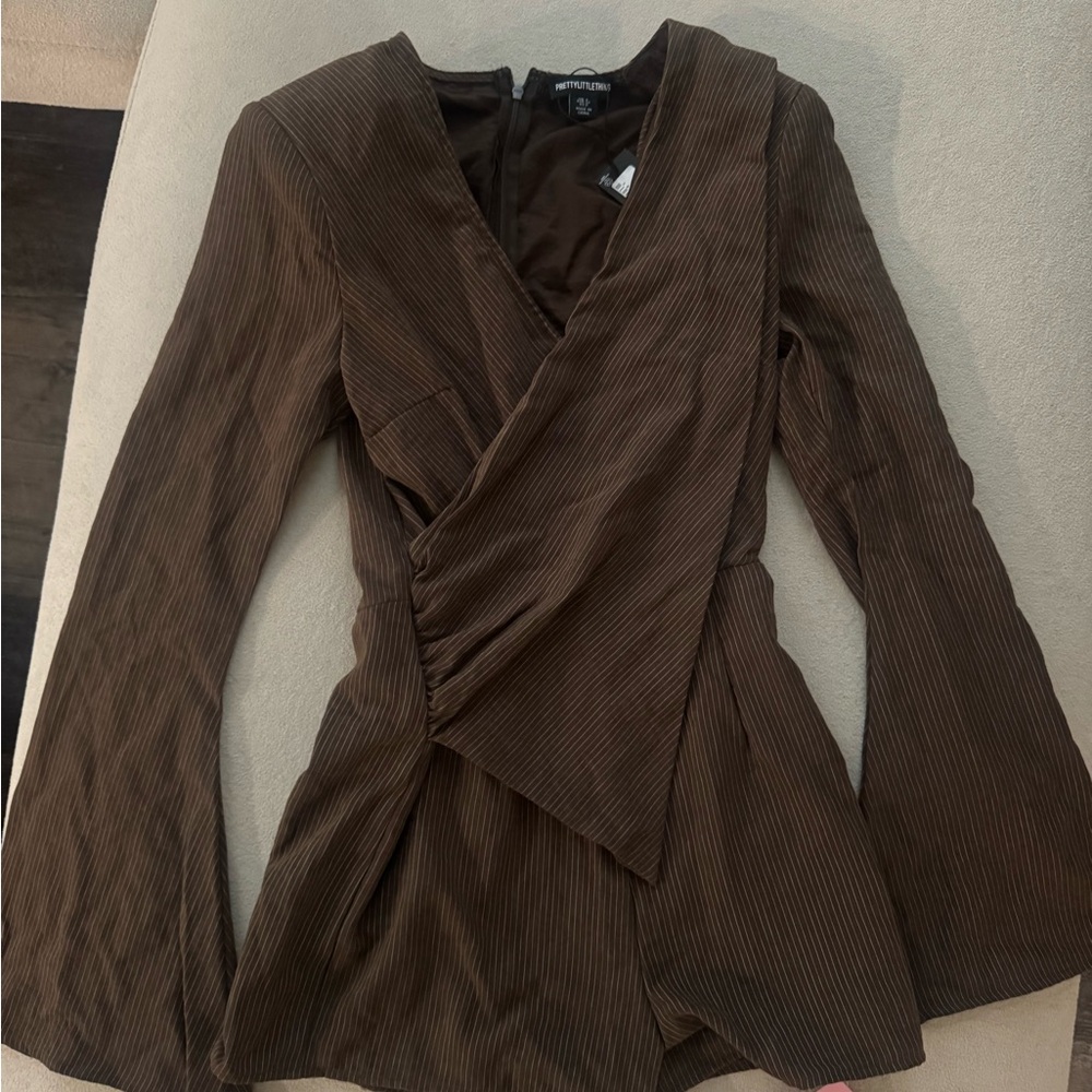 Brown Pinstripe Wrap Romper